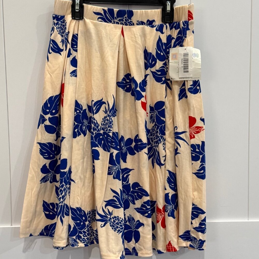 Floral Pleated Midi Skirt Beige-ish Blue Tropical Print Elastic Waist NWT
